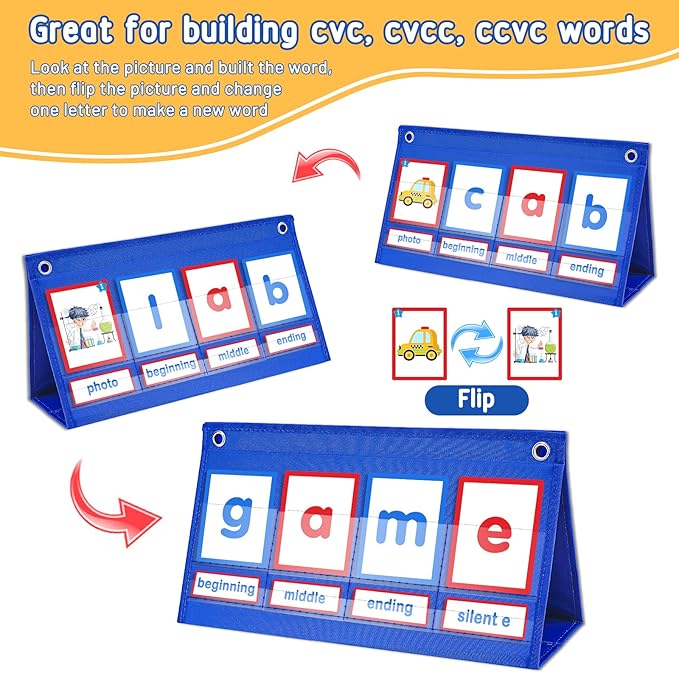 CVC Word Building Desktop Pocket Chart with 108 Phonics Flash Cards for Early Reading & Spelling | Alphabet Learning Tools for Preschool, Kindergarten, and Homeschooling