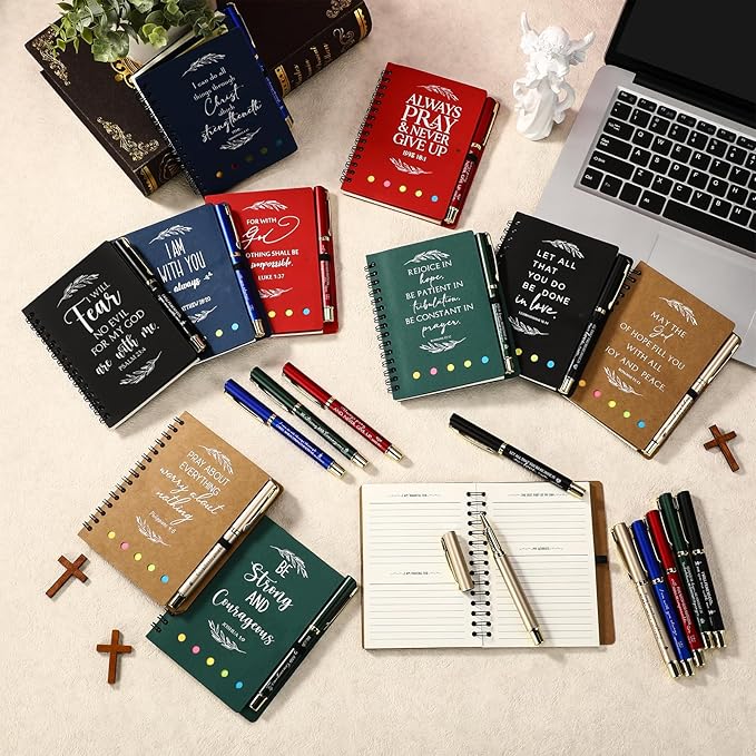 Spakon 50 Set Christian Gifts Bulk Easter Mother's Day Church Sticky Note Spiral Notebook Bible Verse Ballpoint Pen Prayer Journal Religious Scripture Notepad Sunday School Teacher Party Favors