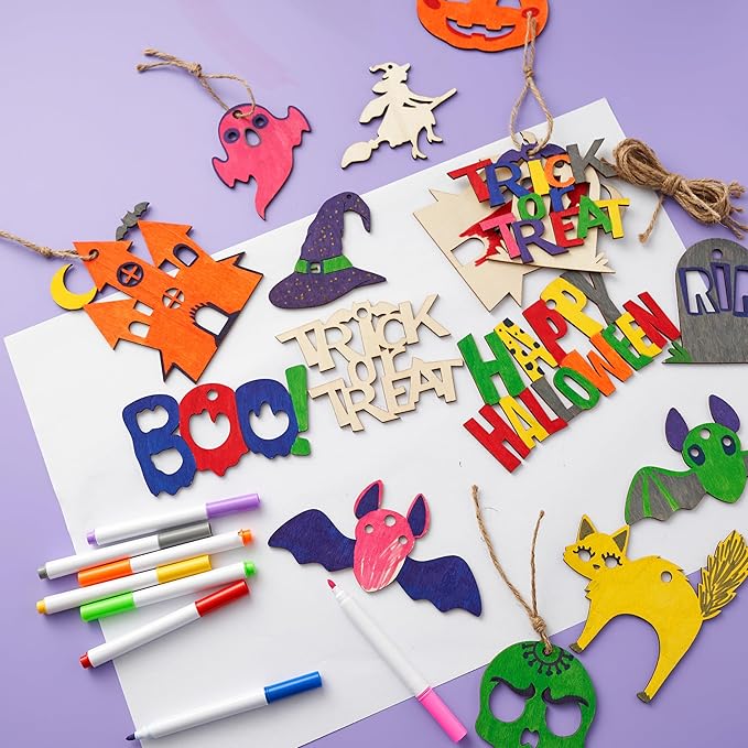 JOYIN 36 Pcs Halloween Craft Wooden Painting Kit, Halloween Party Supplies, Party Favors for Kids, Wood Blank Cutouts Ornaments, Gift Tags Decor for School Art DIY Activities Goodies Games(Age 8+)