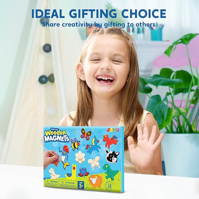 JOYIN 12 Wooden Magnet Creativity Arts & Crafts Painting Kit for Kids, Decorate Your Own Painting Gift for Easter Basket Stuffers, Birthday Parties and Family Crafts, Party Favors for Boys Girls