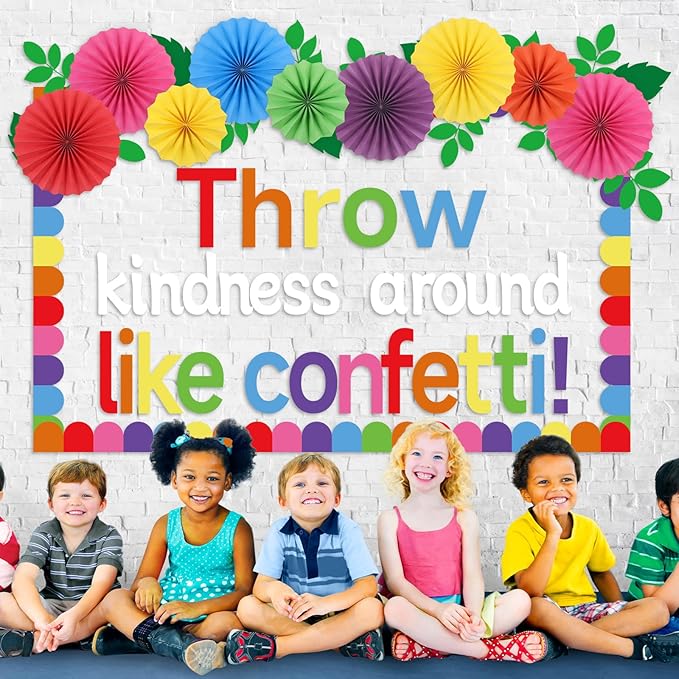 Classroom Bulletin Board Decorations with 3D Paper Fans Inspirational Throw Kindness Around Like Confetti Bulletin Board Set for Back to School Motivational Office Home Wall Door Chalkboard Decor