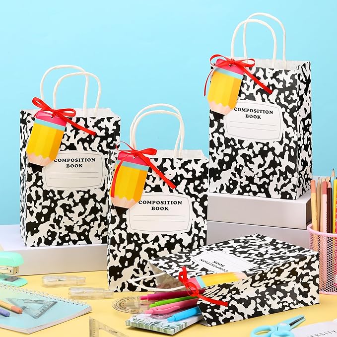 Kolldenn Teacher Gift Bags Composition Paper Bags with Handles Notebook Line Teacher Appreciation Graduation Gifts Bag for Kindergarten Preschool End of Year Party Favors Wrapping(24 Pcs,Composition)