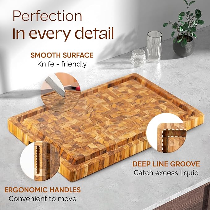 Yes4All Medium End Grain Teak Cutting Board for Kitchen, 17''L x 13''W x 1.5” Thick, Durable Wood with Juice Grooves, Pre-Oiled, Easy Grip Handles, Essential Kitchen Utensils Set