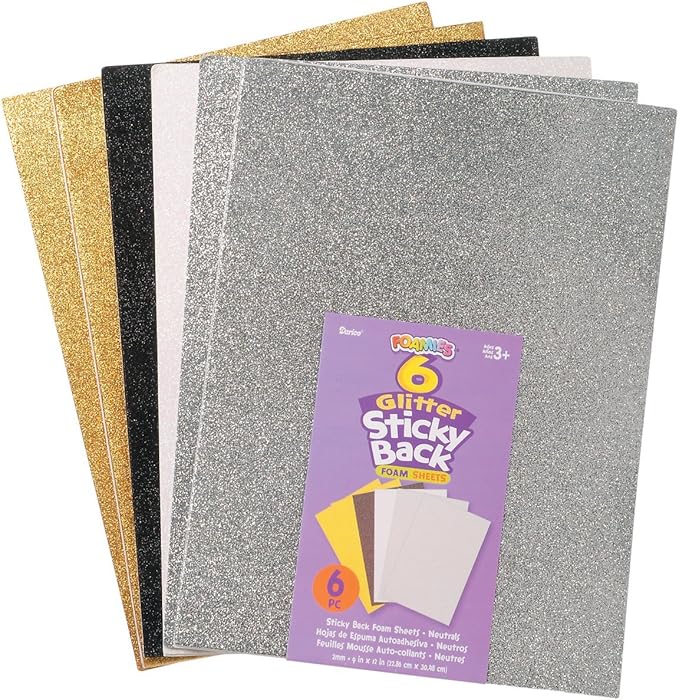 Darice 106-2318 6-Pack Foamies Sticky-Back Glitter Sheet, Neutral, 9 by 12-Inch