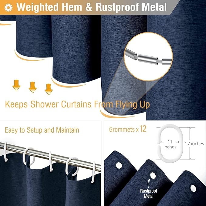 BTTN Long Fabric Shower Curtain - 72x80 Inch Linen Textured Heavy Duty Polyester Cloth Shower Curtain Set with 12 Plastic Hooks, Hotel Luxury Waterproof Modern Shower Curtains for Bathroom, Navy Blue