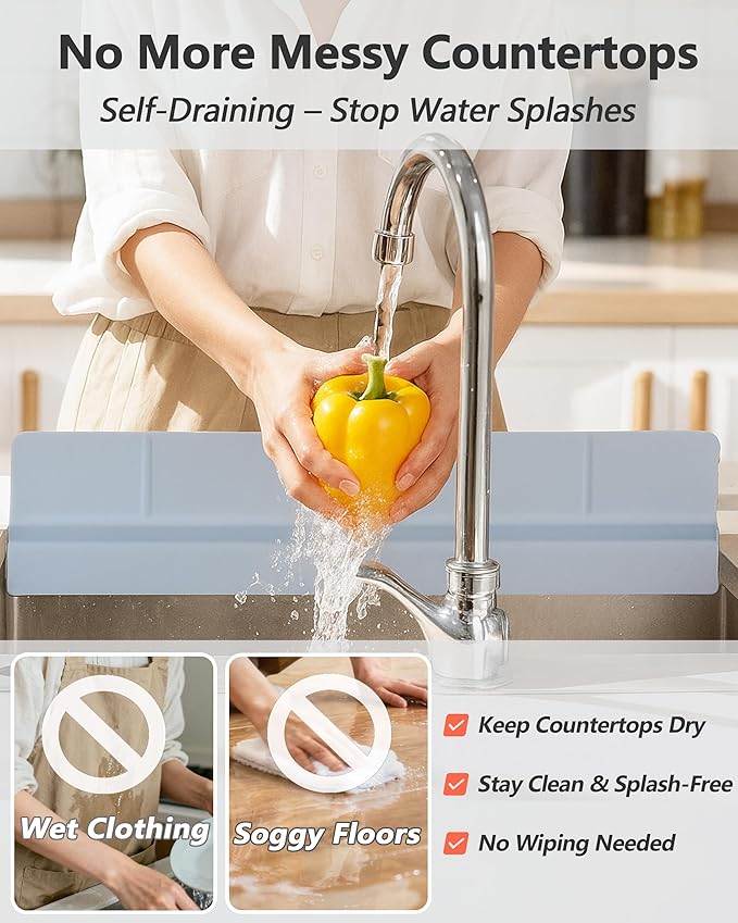 Kitchen Sink Splash Guard 23" Self-Draining Silicone Water Guard with High Splash Wall & Strong Suction Cups for Faucet, Countertop & Sink Edge, Keeps Sinks Dry, Dishwasher Safe, Gray