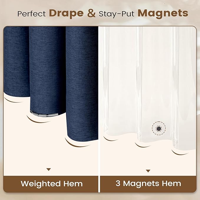 BTTN 3 in 1 Shower Curtain Set, Navy Blue Linen Textured Fabric Shower Curtain and Clear Liner Set with Plastic Hook, Modern Hotel Luxury Weighted Waterproof Shower Curtain for Bathroom, Blue, 72x72