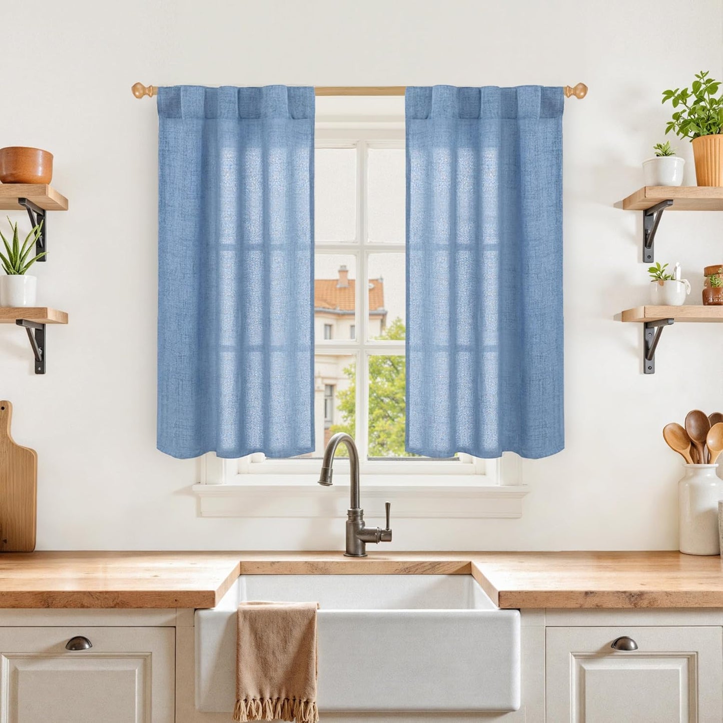 YoungsTex Denim Blue Linen Curtains 40 Inch Length for Bathroom Window, Small Drapes with Rod Pocket Back Tab Light Filtering Coastal for Cafe Kitchen Window Over Sink, 2 Panels, 30 X 40 Inch