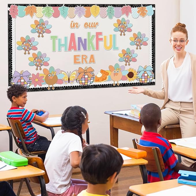 Fall Thanksgiving Turkey Bulletin Board for Classroom Decoration in Our Thankful Era Theme Bulletin Board Set Autumn Turkey Pumpkin Leaves Cutouts Fall Thanksgiving DIY Photo for Chalkboard Wall Decor