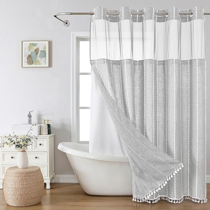 No Hook Extra Long Shower Curtain Set with Snap-in Liner,Linen Textured Thick Striped Fabric with Tassels,Boho Chic Modern Farmhouse Bathroom Curtain,Water-Repellent,Grey/Gray,71x86