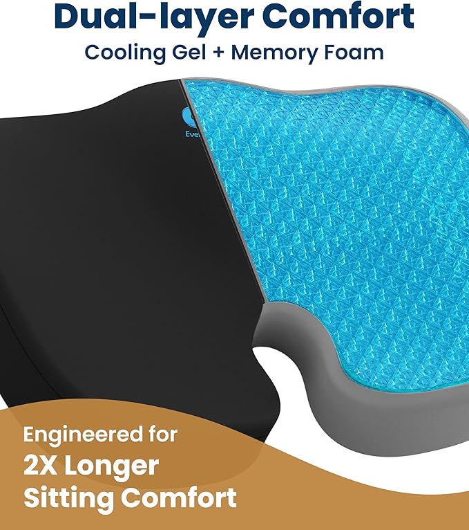 Everlasting Comfort Doctor Recommended Memory Foam Seat Cushion for Office Chairs & Car - Ergonomic Office Desk Accessories - Cushions for Tailbone Pain Relief, Sciatica (Black Cooling, Large)