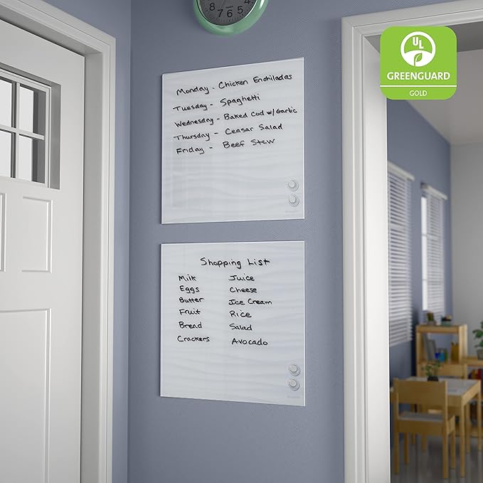 ECR4KIDS MessageStor Magnetic Dry-Erase Glass Board with Magnets, 17.5in x 17.5in, Wall-Mounted Whiteboard, White Waves, 2-Pack