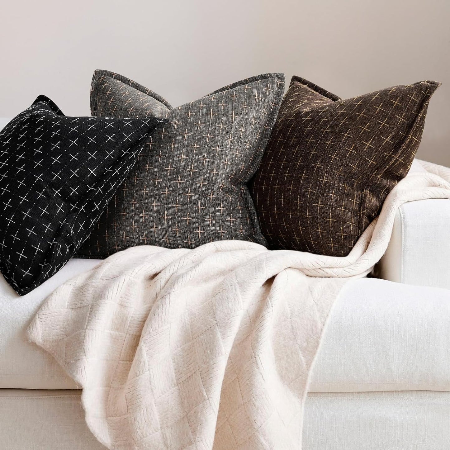 ZWJD Pillow Covers 18x18 Set of 2 Soft Polyester Textured Pillow Covers with Stylish Flange Edge Cozy Farmhouse Throw Pillows for Couch Bed Sofa Living Room