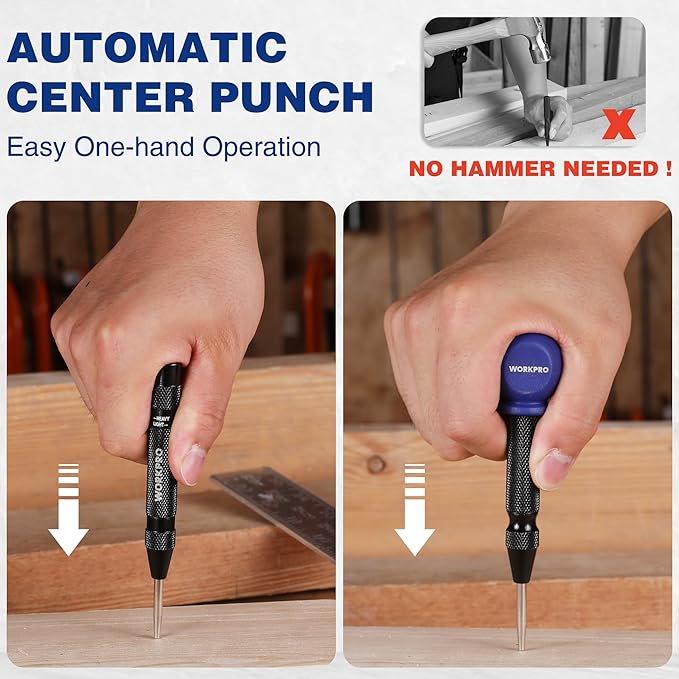 WORKPRO 2PCS Automatic Center Punch with an Extra Replacement Tip, Adjustable Spring Loaded Center Punch, Metal Punch Tool, Center Hole Punch for Wood, Metal, Plastic