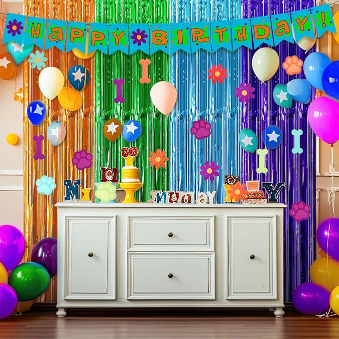 Epakh 39 Pcs Cartoon Dog Birthday Party Decorations Includes 24 Pieces Paper Cards Decor 13 Pcs Happy Birthday Banner 2 Pcs Foil Fringe Curtain Backdrop for Photo Prop Themed Party Supplies