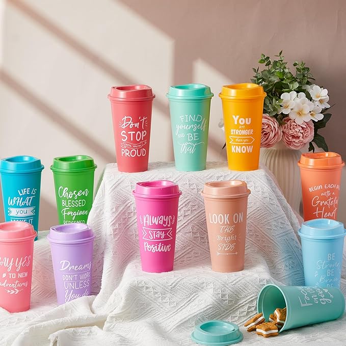 24 Pcs Inspirational Gifts for Employee Coworkers Staff Teammate, 16oz Reusable Plastic Coffee Cups with Positive Sayings, Bundle Gifts for Woman Man Coworker (Pastle Color,Inspirational)