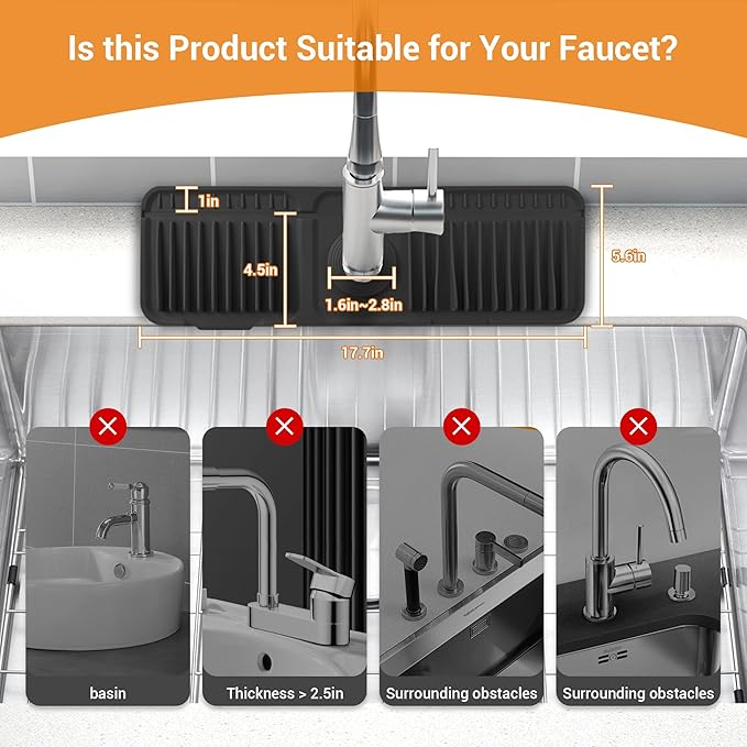 Faucet Mat for Kitchen Sink, 17.7"X5.5" Silicone Sink Splash Guard with Soap Holder, Snap-On Design & 7°slope Fast Drain, Folding Sink Faucet Mat for Universal Kitchen Bathroom Sink（Black）