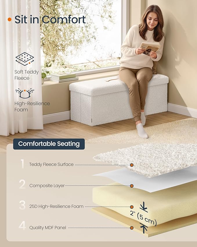 SONGMICS Storage Ottoman Bench, Storage Chest, 15 x 43 x 15 Inches, Foot Rest Stool, End of Bed Bench, Load up to 660 lb, for Living Room, Bedroom, Entryway, Cream White ULSF097W01