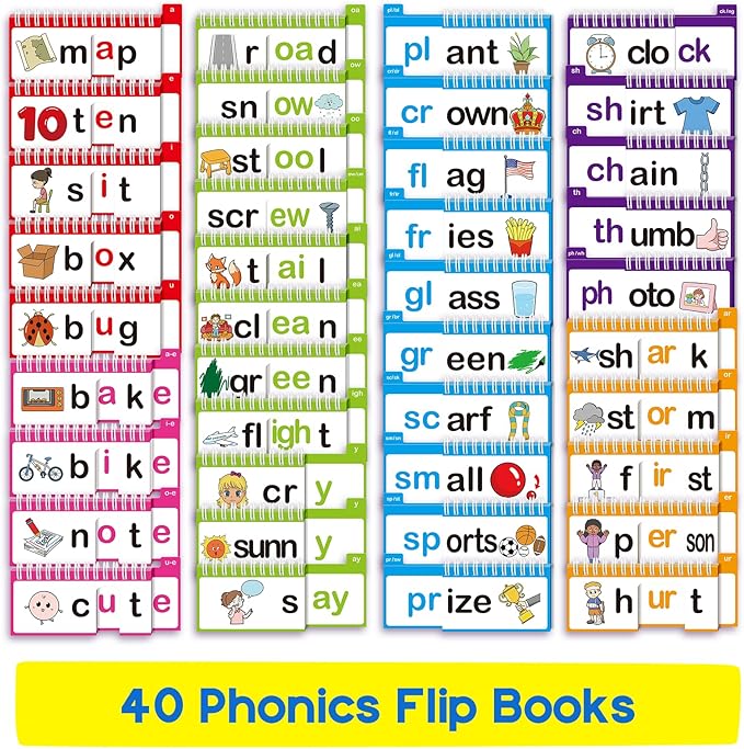 Word Family Build Book, 40 Read and Rhyme Flip Books, Learn to Read Phonics Flash Cards, Sight Words Flash Cards Kindergarten Flip Books for Kids Homeschool Preschool Learning Activities