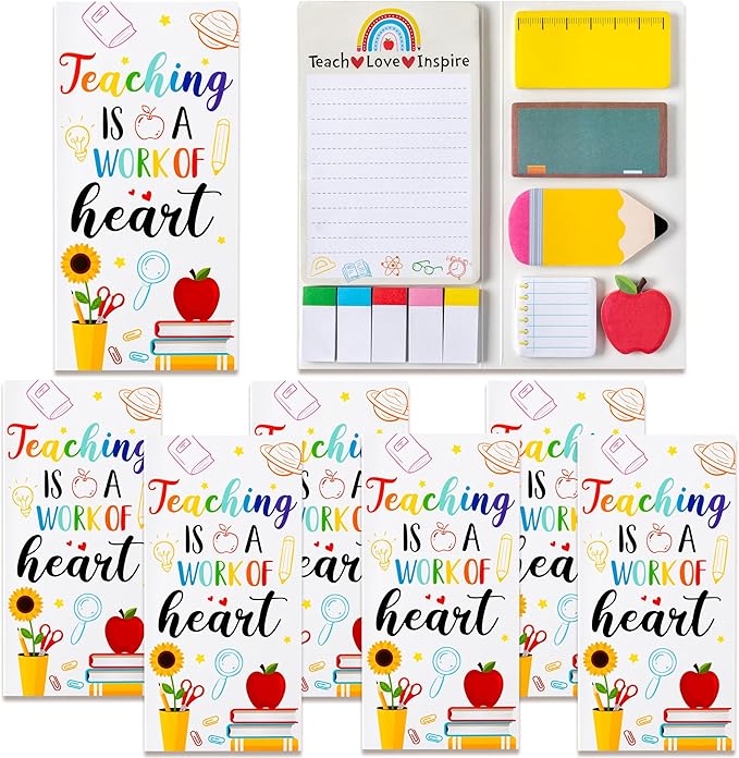 Xqumoi 6 Pack Teaching is A Work of Heart Sticky Notes Set - Ruler Blackboard Pencil Apple Shape Self-Stick Note Pads Teacher Appreciation Gift Writing Memo Pads Page Marker School Office Supplies