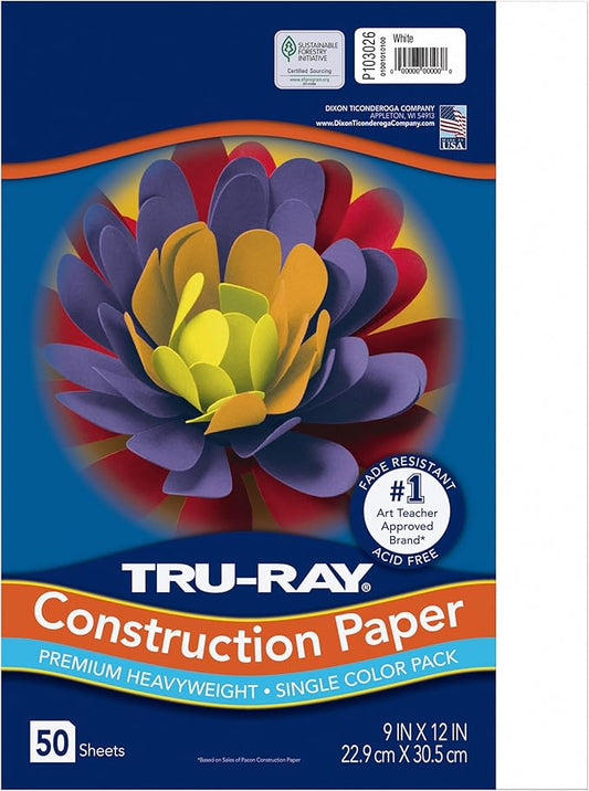 Tru-Ray® Construction Paper, 50% Recycled, 9" x 12", White, 50 Sheets/Pack, Case of 50 Packs, 2500 Sheets Total