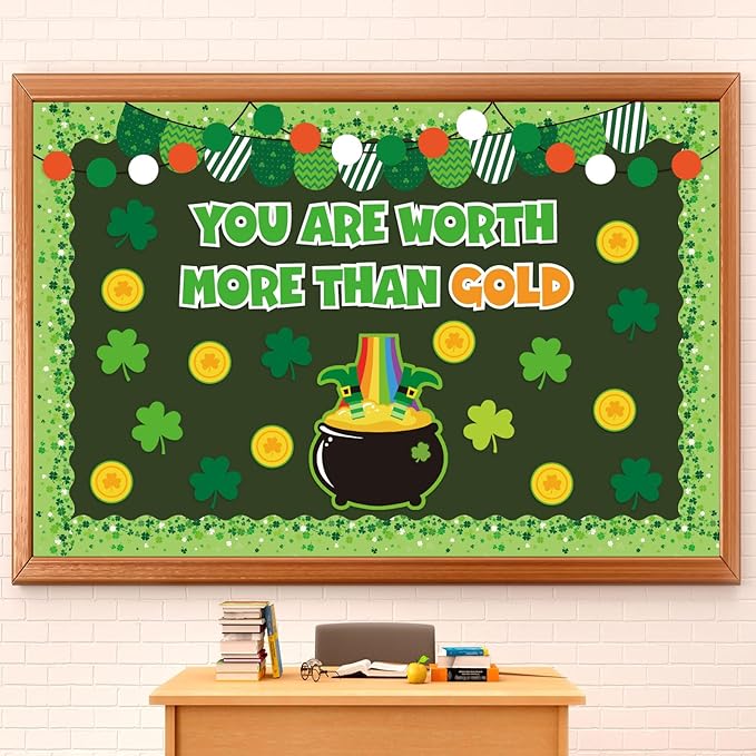 JarThenaAMCS 72Pcs St. Patrick's Day Bulletin Board Decor Set Shamrock Clover Gold Coin Cut-Outs with Glue Points Bulletin Board Stickers for Irish Holiday School Classroom Wall Decor