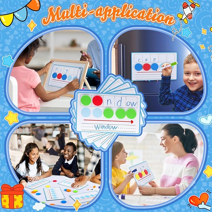 Nezyo 10 Pcs Phonemic Awareness Games Dry Erase Board Phonics Games with Magnetic Button and Pen Educational Gift for Kindergarten Classroom Kids Letter Sound Science Reading (Blue)