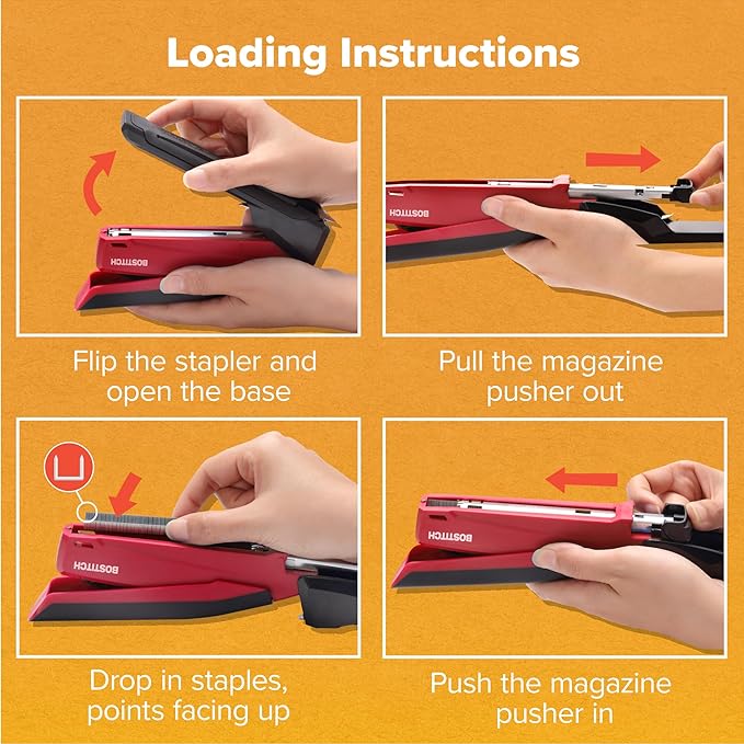 Bostitch Office Executive 3 in 1 Stapler, Includes 210 Staples and Integrated Staple Remover, One Finger Stapling, No Effort, 20 Sheet Capacity, Spring Powered Stapler, Red