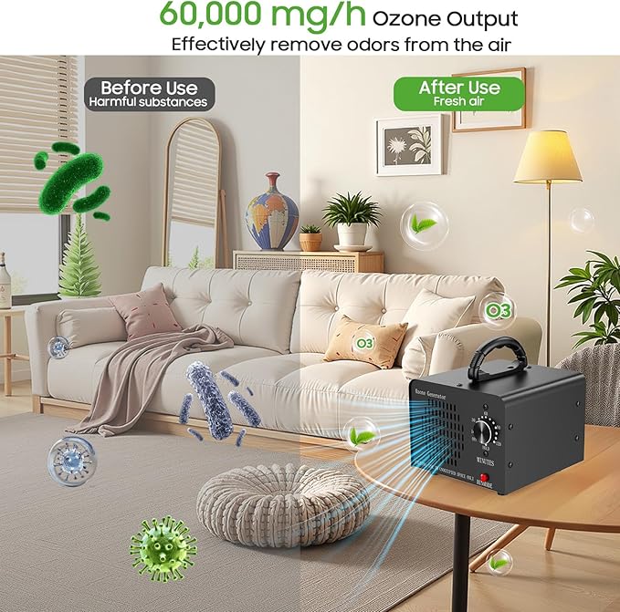 Ozone Generator Machine 60,000mg/h, High Capacity Ozone Odor Eliminator Removal Air Purifier for Home Car Pet & Basement Odor, Suitable for Spaces up to 5,000 Square Feet, Black
