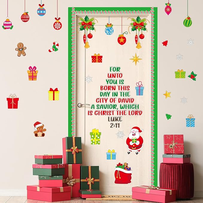 Christmas Religious Bulletin Board Set Christmas Tree Classroom Decor Christian Bible Lord Xmas Gift Boxes Snowflakes Cutouts for Winter Holiday Sunday School Church Classroom Chalkboard Wall Decor