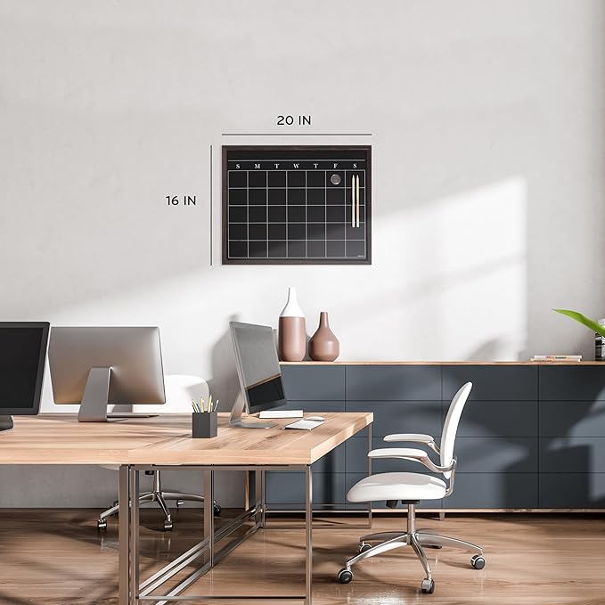 U Brands 16" x 20" Magnetic Monthly Calendar Chalkboard with Rustic Wood Frame, Blackboard Surface, Wall Mountable, Monthly Planner Board, Magnetic Calendar for Home, Office, Kitchen, Classroom