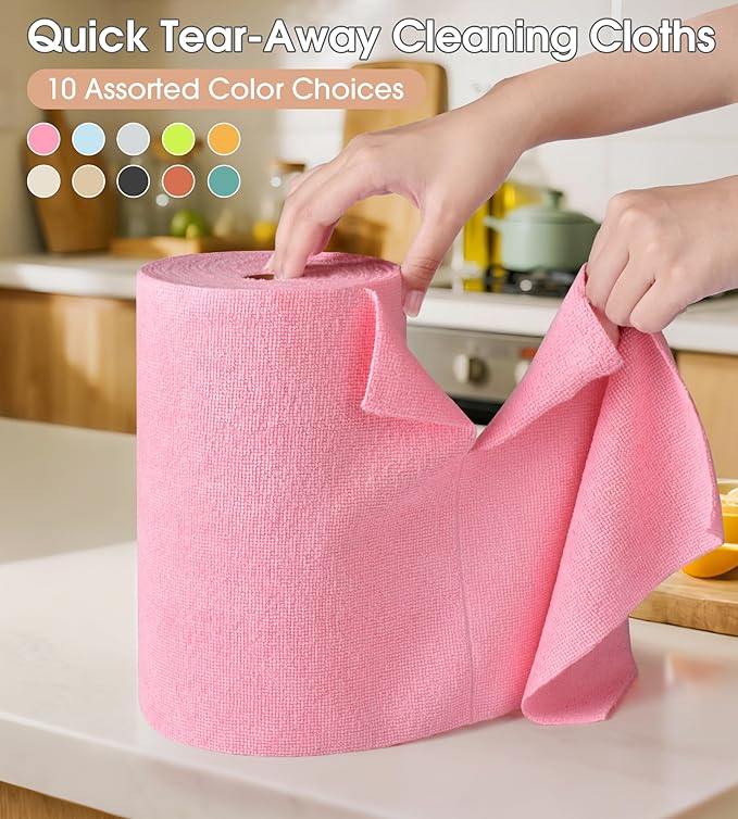 KitchLife Microfiber Cleaning Cloth Roll, 100 Pack - Tear-Away Microfiber Paper Towels, Lint-Free, Reusable, Washable for Kitchen, Car, Dishes, and Sensitive Surfaces (Pink)