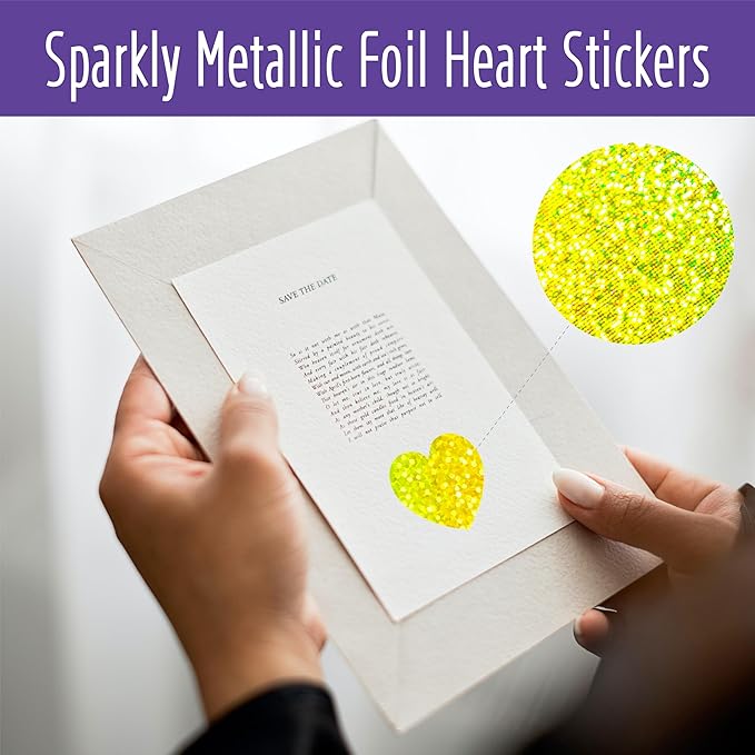500 PCS Glitter Heart Stickers, 8 Colors Metallic Glitter Stickers Self Adhesive Waterproof Reflective Heart Stickers Love Decorative Labels for Wedding, Classroom Teacher Supplies (Each Measures 1”)