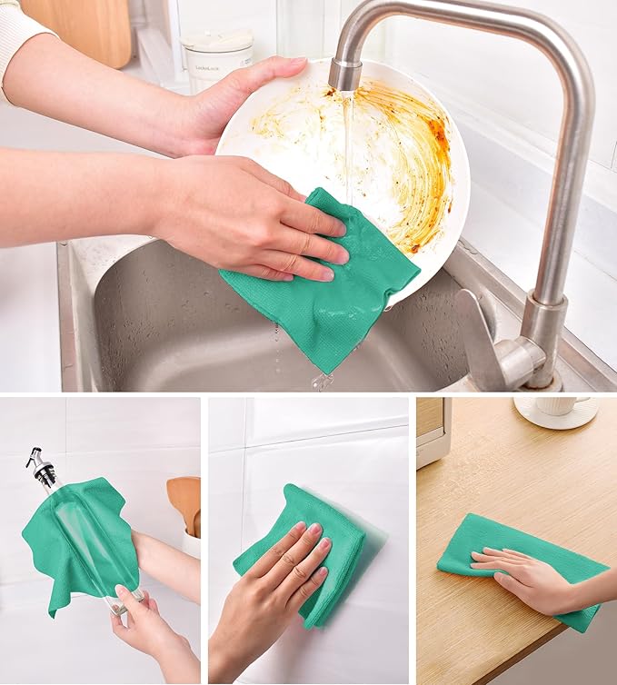 KitchLife Microfiber Cleaning Cloth Roll, 100 Pack - Tear-Away Microfiber Paper Towels, Lint-Free, Reusable, Washable for Kitchen, Car, Dishes, and Sensitive Surfaces (Forest Green)