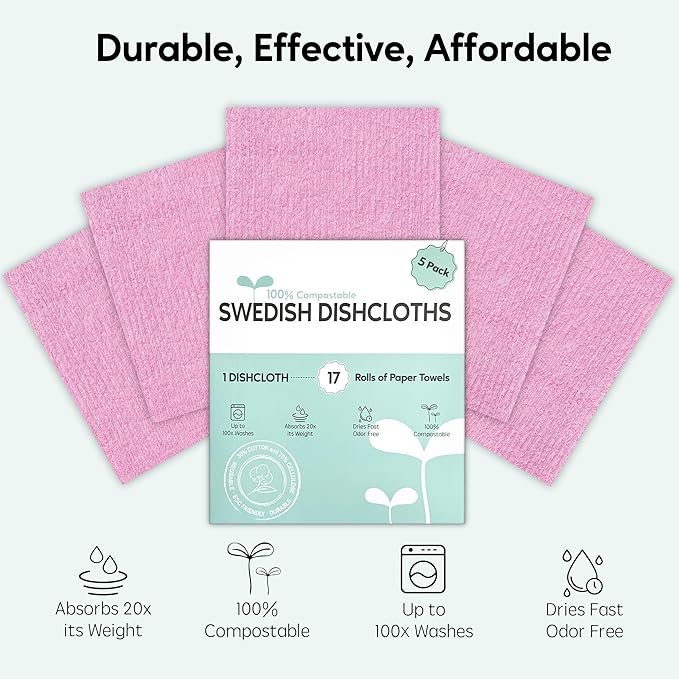 Swedish Dishcloths for Kitchen, 5 Pack Swedish Dish Cloths, Ultra Absorbent Reusable Paper Towels, Cellulose Sponge Cloths, Quick Drying, No Odor, Dishwasher Safe Pink