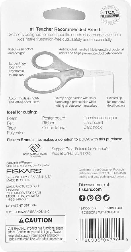 Fiskars Safety-Edge Pointed-tip Kids Scissors - 5 inches - Blue - Includes Blade Cover