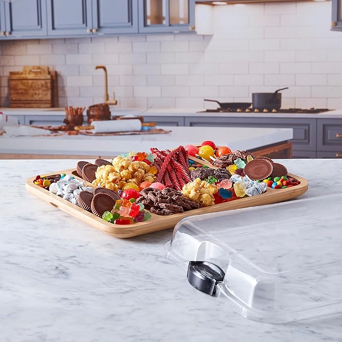 FARBERWARE Build-a-Board Cutting Board with Three Compartments and Clear Locking Lid for Charcuterie, Snacks, and More, Acacia