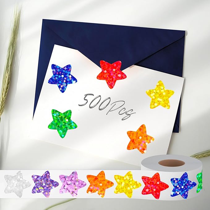 500 PCS Glitter Star Stickers, 8 Colors Metallic Glitter Stickers Self Adhesive Waterproof Reflective Star Sticker Decorative Labels for Reward Chart, Craft, Classroom Supplies, Kids, School (1” Each)