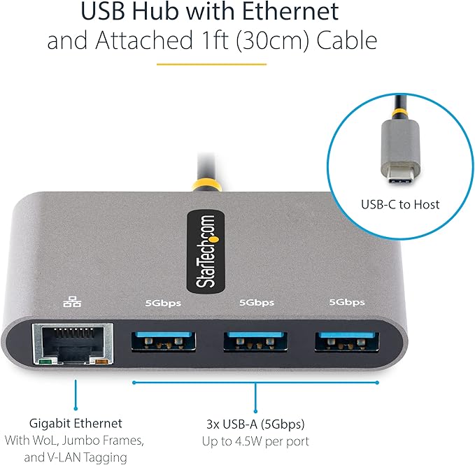 StarTech.com 3-Port USB-C Hub with Ethernet - 3X USB-A - Gigabit Ethernet - USB 3.0 5Gbps - Bus-Powered - 1ft/30cm Long USB Type-C Host Cable - GbE - Portable USB-C to USB-A Splitter (HB30C3A1GEA2)