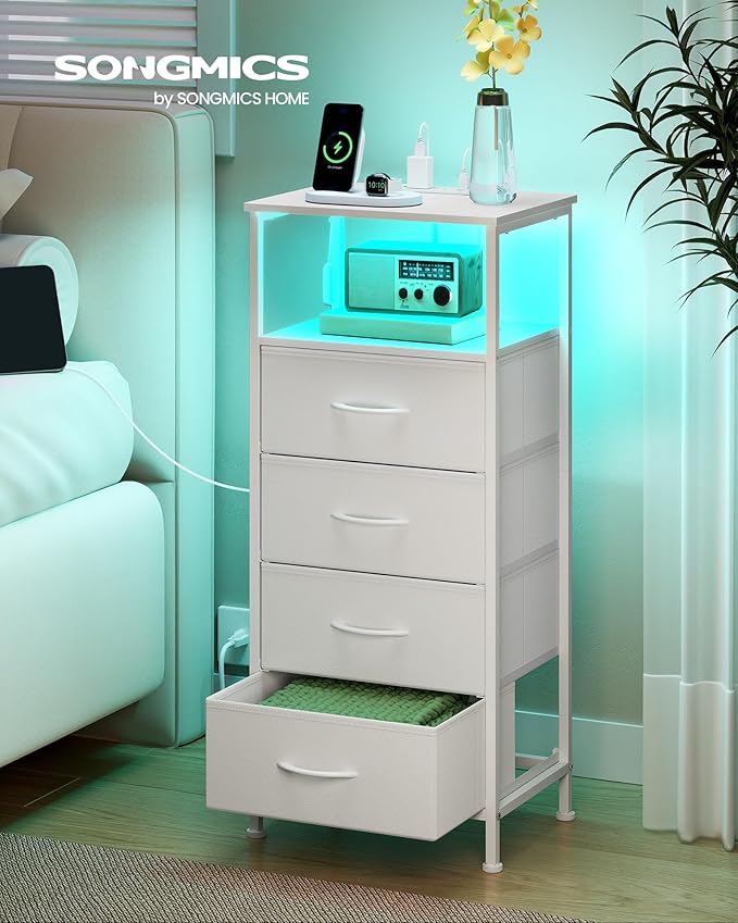 SONGMICS BELLAH Collection - Nightstand with Charging Station and App-Controlled Adjustable LED Lights, Bed Side Table, 4 Drawer and 1 Open Shelf, Bedroom, Cloud White and Snow White ULGS304WH01S