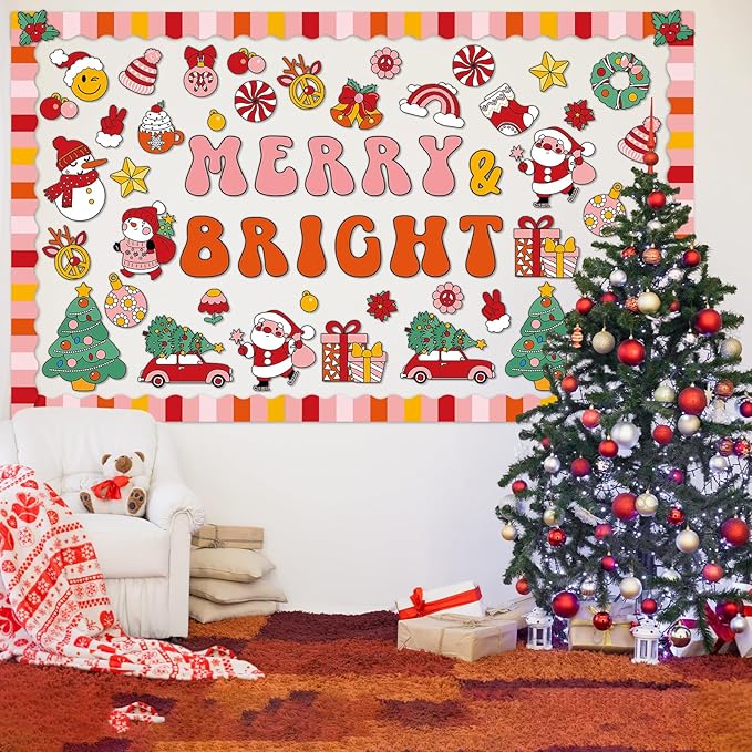 Groovy Christmas Bulletin Board Decoration Set Retro Merry Christmas Borders Cutouts for Xmas Holiday Party School Classroom Door Welcome Bulletin Board Craft Home Wall(Merry & Bright)