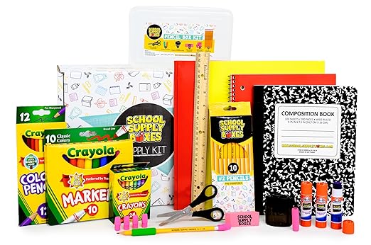 School Supply Boxes | K-5 Pallet (180 Boxes) | Back to School Essentials Kit for Students & Teachers | Includes Wide-Ruled Paper Products, Crayons, Markers, Colored Pencils, & More