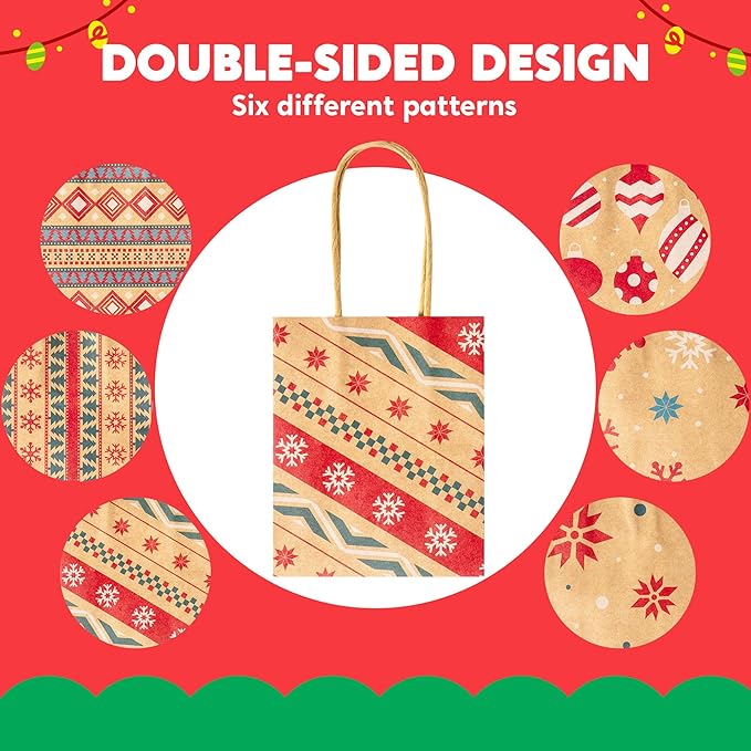JOYIN 24 PCS Christmas Kraft Gift Bags with Handles, Reusable Xmas Paper Goody Wrap Craft Bags for Holiday Presents, Giant Gifts Decorations, Party Favors and Decor Supplies (5.25 x 4.25 x 2)