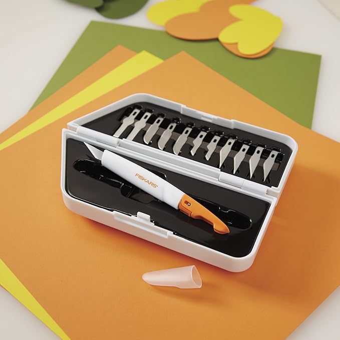 Fiskars Easy Change Medium Duty Precision Craft Knife Cutting and Carving Set, Softgrip and Ideal for Precise Cutting, Includes 12 blades, Orange/White