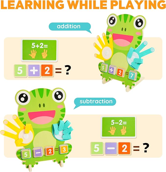 Math Manipulatives Number Counting Blocks for Kids Ages 3-5, Montessori Preschool Learning Toy with Arithmetic Cards, Frog Model Educational Gift for Toddlers Boys Girls