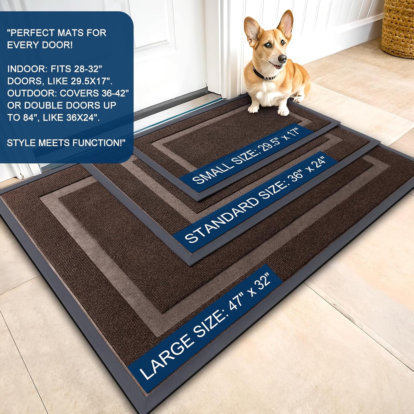 OLANLY Front Door Mat Indoor Outdoor Entrance, Waterproof All-Season, All-Weather Doormat, Sturdy Natural Rubber, Fade Resistant, Low Profile, Easy Clean Patio Porch Entryway Mat, 59x23, Dark Brown