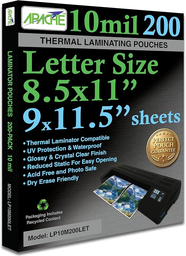 Apache 200 Pack Laminating Pouches 10 mil, Holds 8.5 x 11 Inch Letter Size (9 x 11.5 Inch Sheets), Office and School Supplies, Thermal Laminating Sheets, Super Clear, Round Corner
