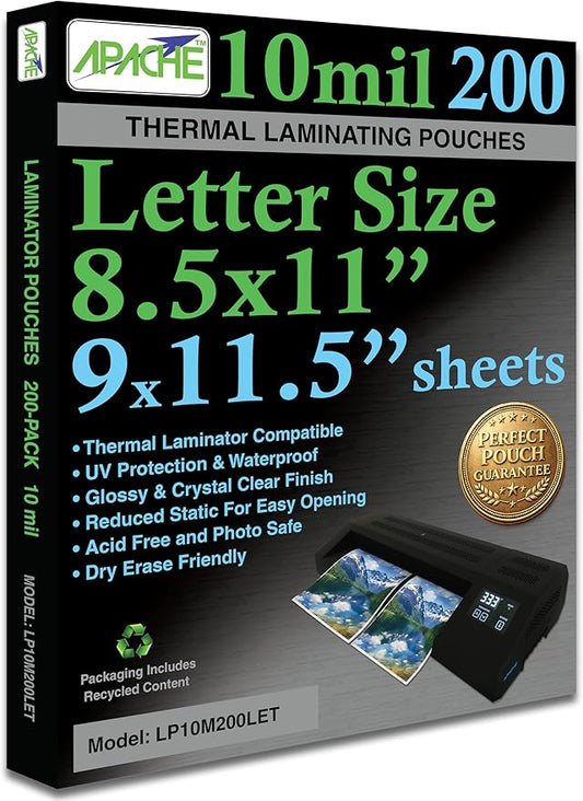 Apache 200 Pack Laminating Pouches 10 mil, Holds 8.5 x 11 Inch Letter Size (9 x 11.5 Inch Sheets), Office and School Supplies, Thermal Laminating Sheets, Super Clear, Round Corner
