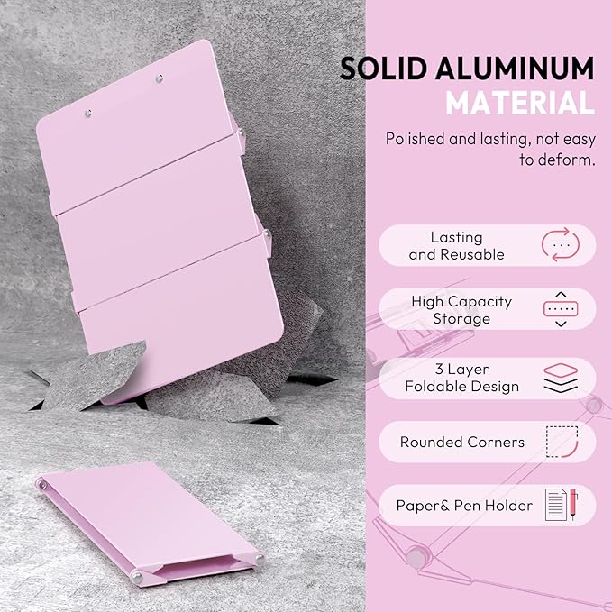 Nursing Clipboard Foldable Without Edition Cheat Charts, 3 Layers Aluminum, Nurse Board w/Low Profile Clip&Pen Clip Pocket, Baby Pink