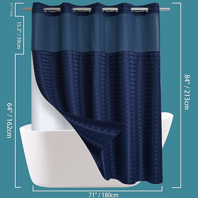 Conbo Mio Extra Long No Hook Shower Curtain with Snap in Liner Set, Hotel Luxury Navy Blue Shower Curtains for Bathroom with See Through Top Window, Waterproof, Washable 71W x 84H